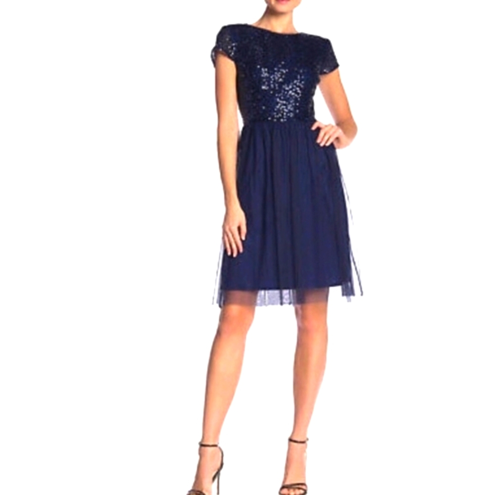 Nordstrom Marina Blue Sequin Fit and Flare Midi Dress